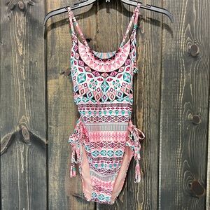 Rue21 One Piece Swimsuit M Boho Tie Up Pink Blue Abstract Tassels Beads Strappy